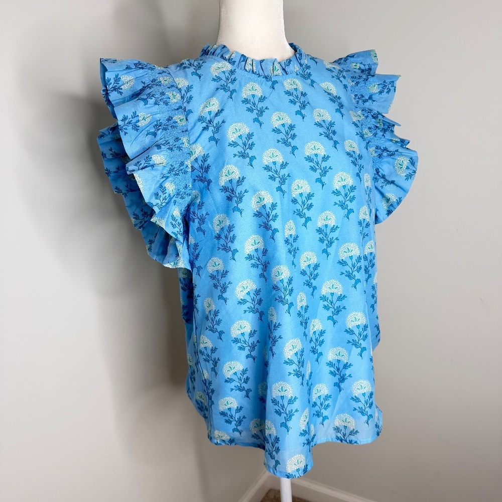 J. Marie Blue Floral Ruffle Sleeve Blouse Top M - Picture 1 of 5